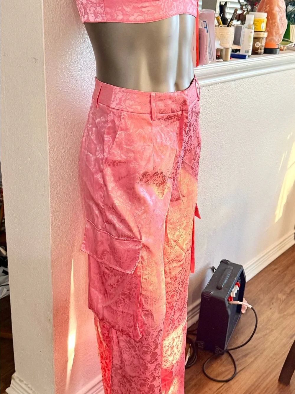 AKIRA Pink Lace Cargo Wide-Leg Pants set